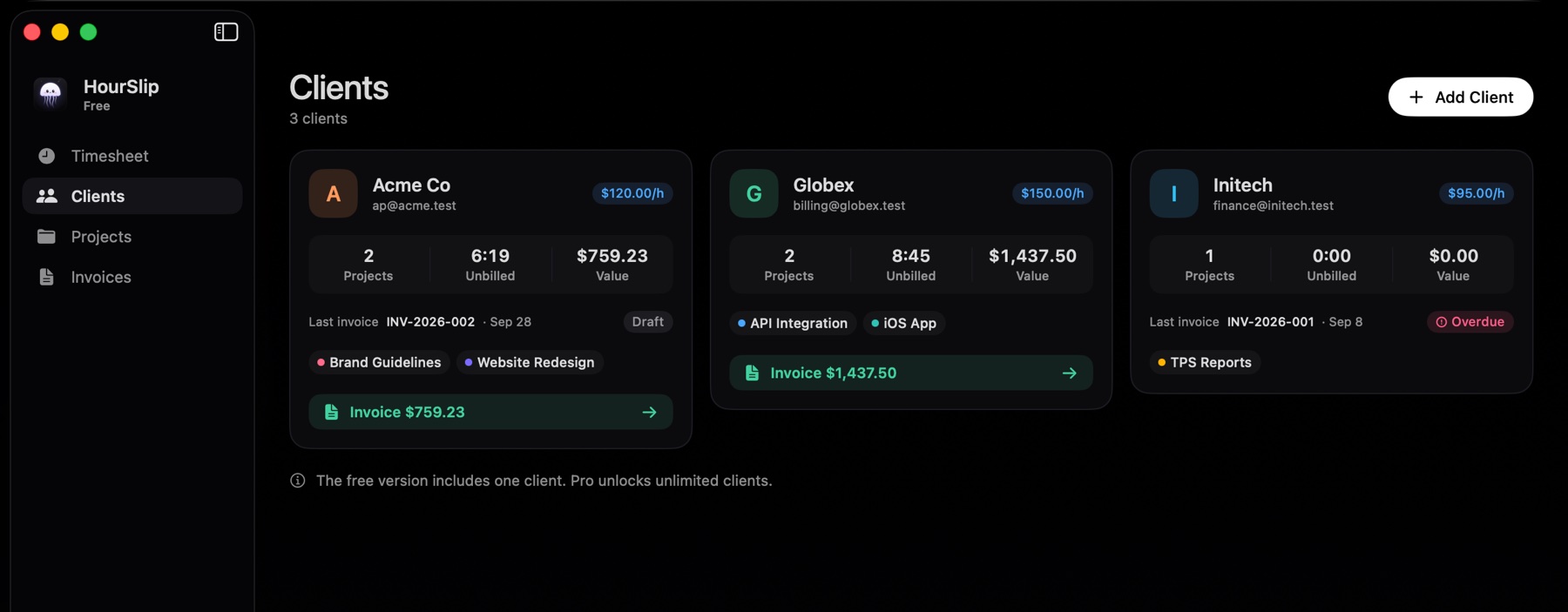 Client cards with projects, unbilled hours, value and an Invoice button