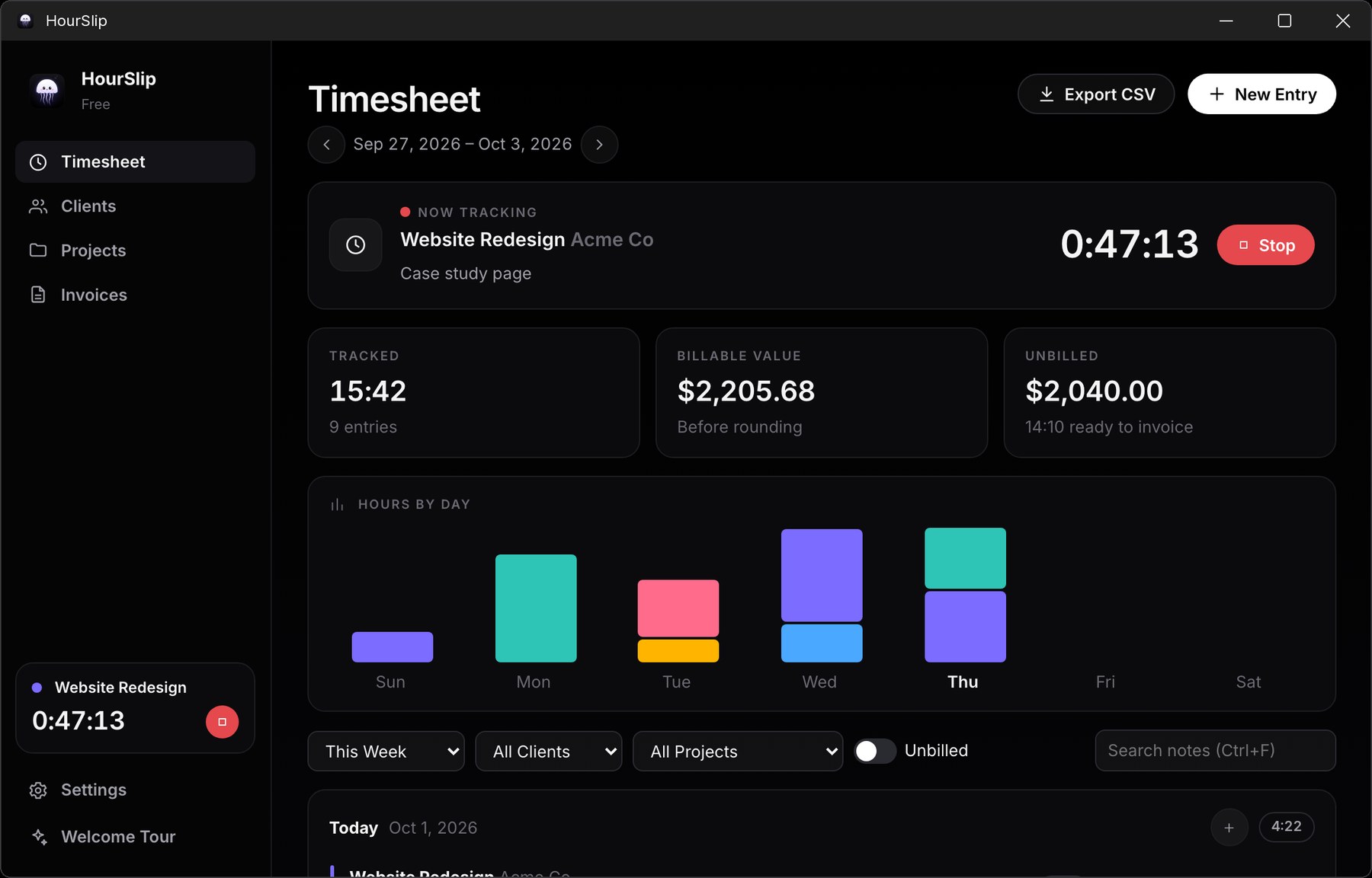 HourSlip for Windows and Linux: the timesheet in a Windows 11 window, with a running timer and an hours-by-day chart