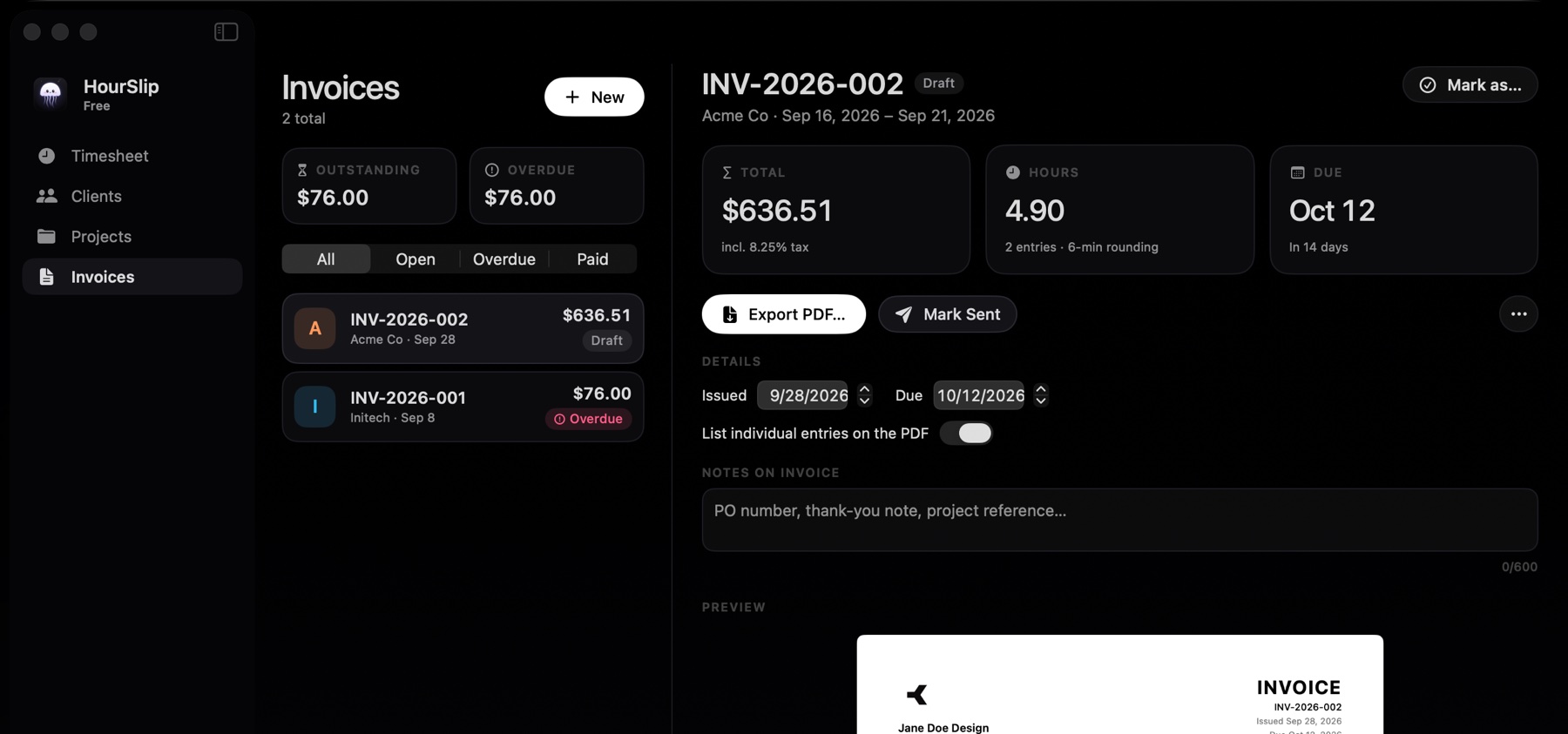 An invoice with its total, due date, status actions and a live PDF preview