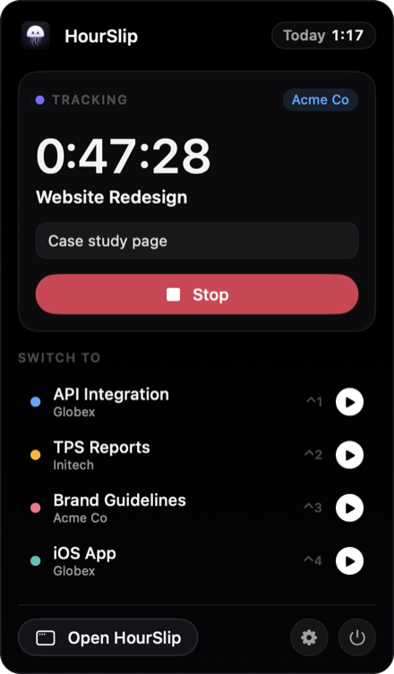 The HourSlip menu bar panel with a running timer and projects to switch to
