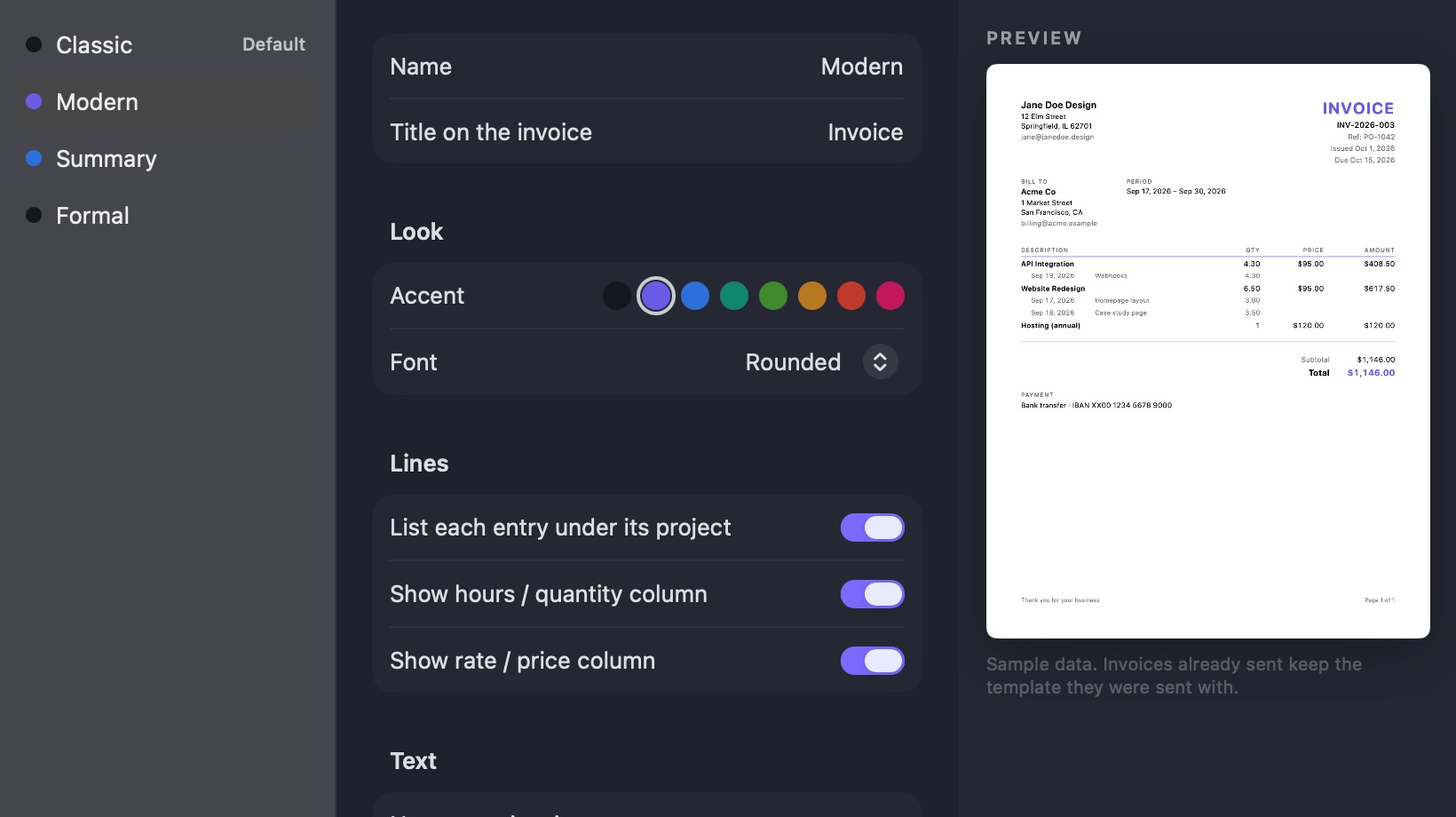 Settings, Templates: the Modern template with a violet accent, rounded font, column switches and a live invoice preview